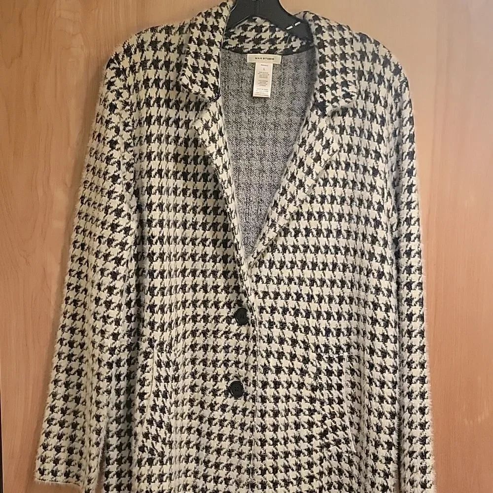 Max Studio long houndstooth fuzzy coat sweater sz L - Picture 10 of 12